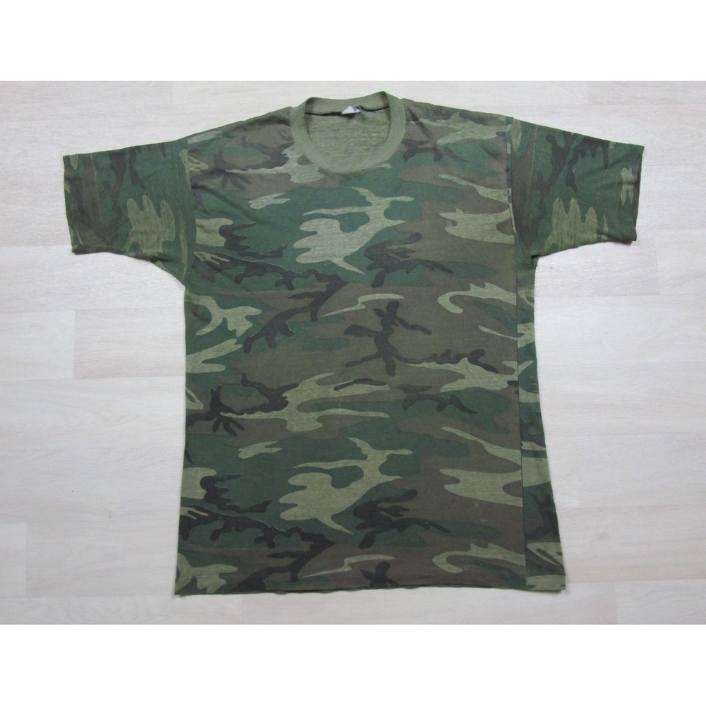 Vintage 80s Health Knit Camo Blank T-Shirt (M) Camouflage Single Stitch Thin